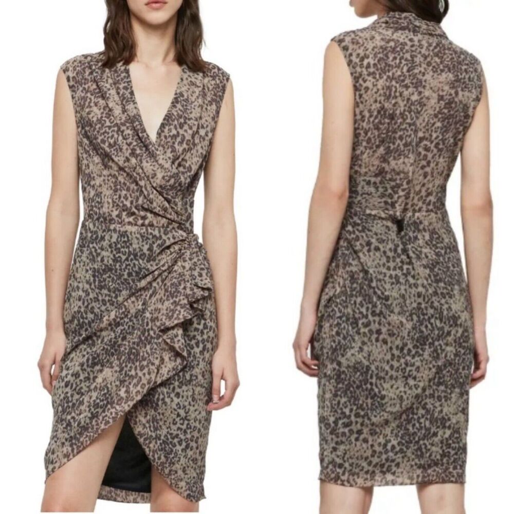 AllSaints Cancity Patch Ruched Wrap Dress US Sz 4 Leopard Print Chiffon